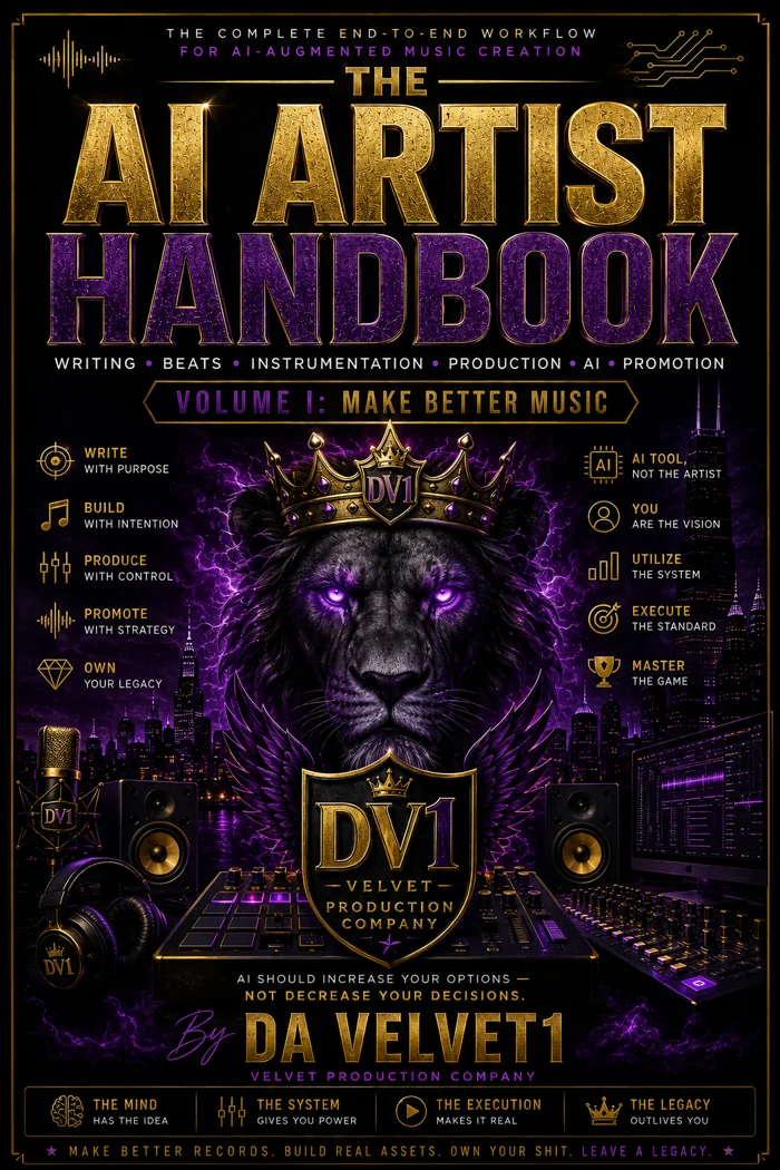 The AI Artist Handbook, Volume I: Make Better Music, by Da Velvet1 — gold and purple cover featuring a crowned black lion