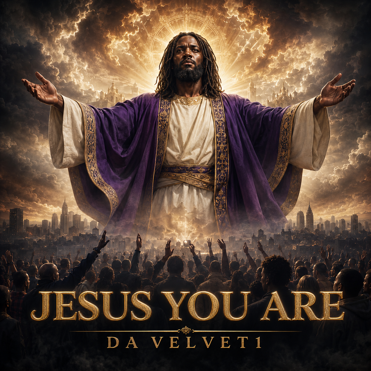 Golden celestial gospel album artwork with Jesus and the title Jesus You Are