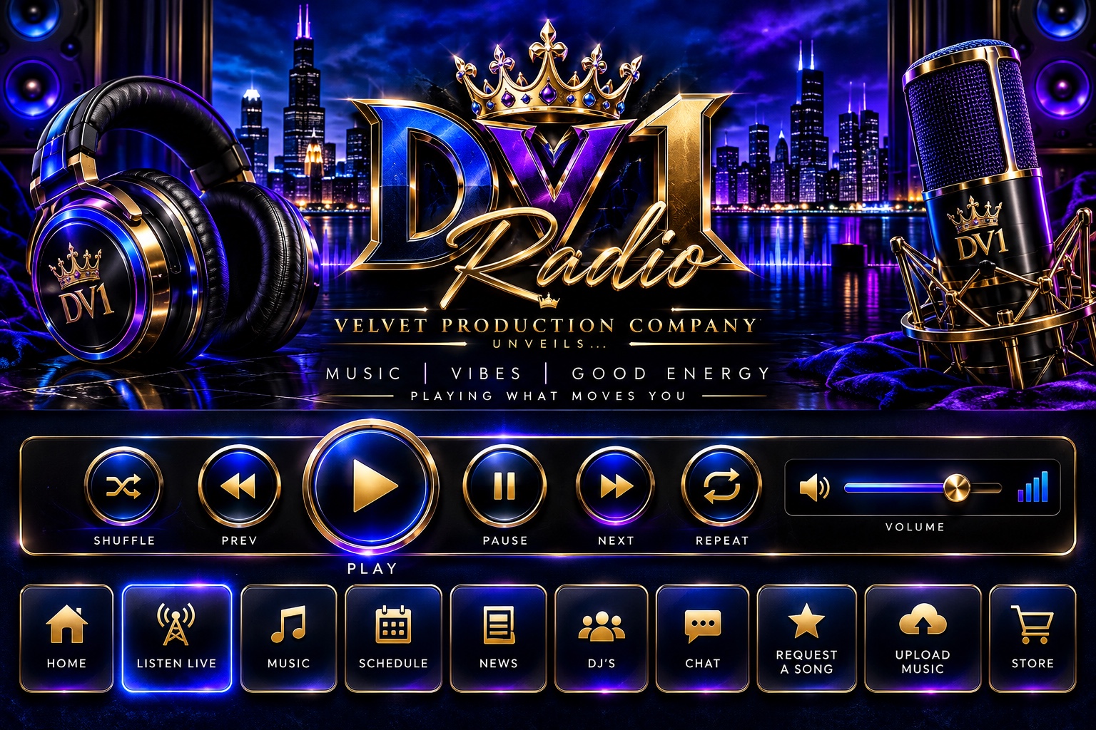 Crowned DV1 Radio in royal blue, purple and gold, with Chicago skyline, headphones and microphone