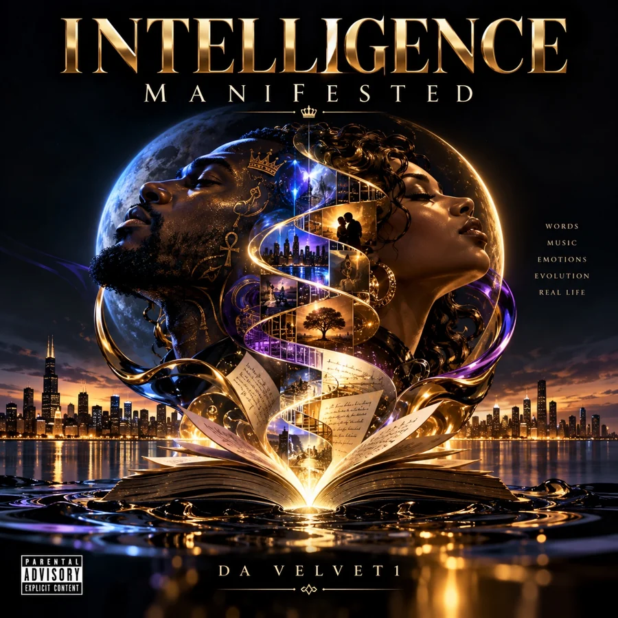 Intelligence Manifested by Da Velvet1 — gold, blue and purple artwork with Chicago skyline